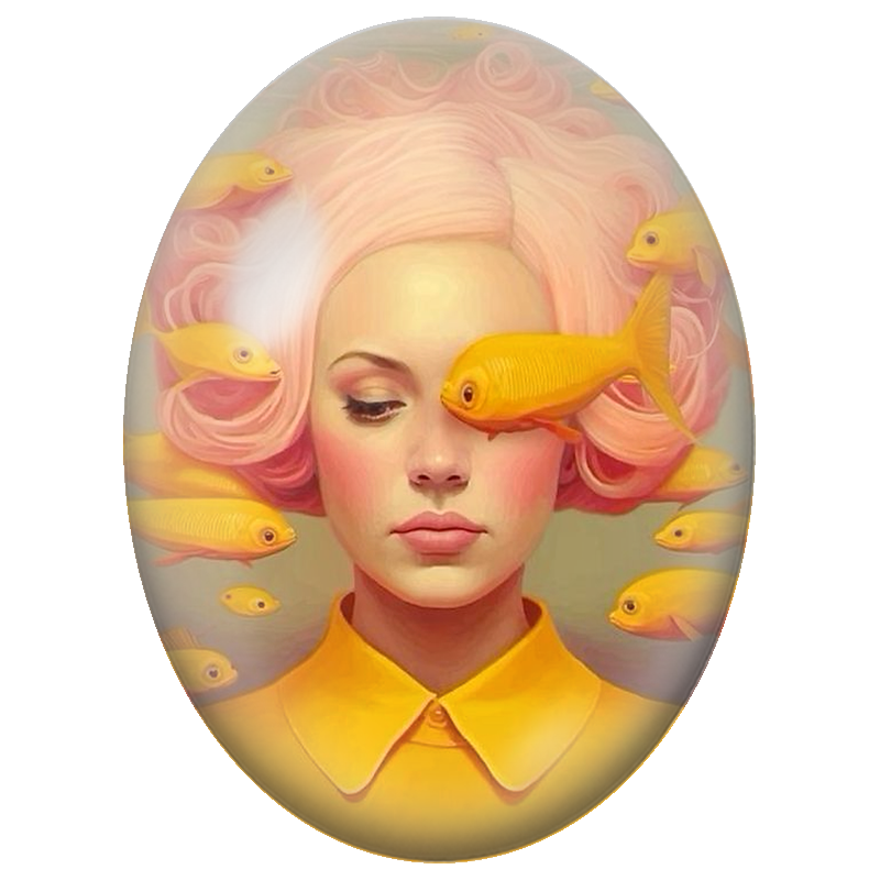 Cabochon en Verre Illustré Femme aux Cheveux Roses et Poissons Jaunes 13x18, 18x25 ou 30x40mm