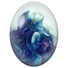 Cabochon en Verre Illustré Femme Bleue à la Larme Dorée pour la Création de Bijoux Fantaisie - DIY