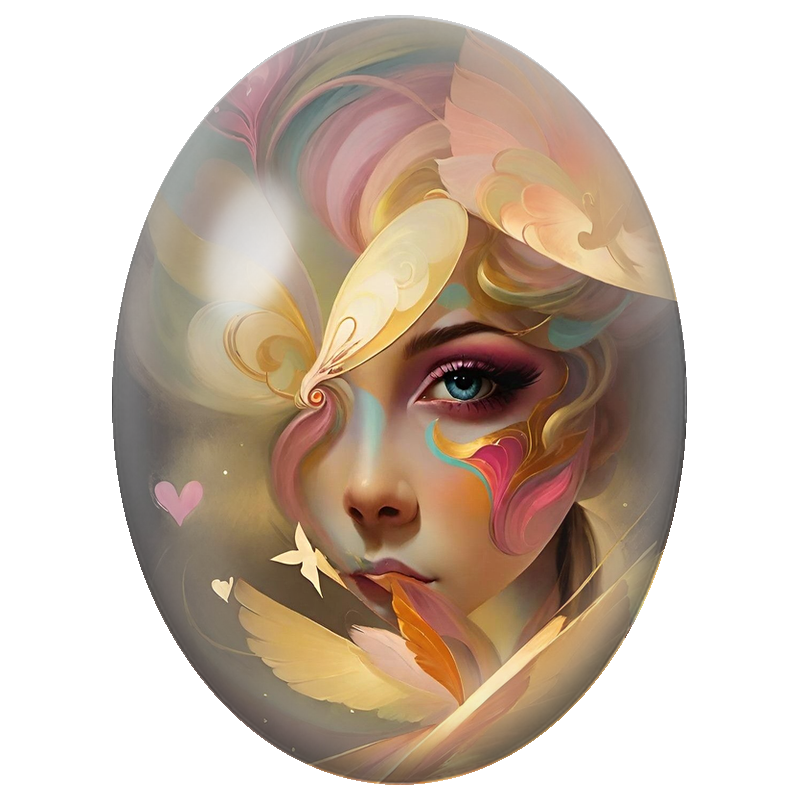 Cabochon en Verre Illustré Visage Féminin aux Oiseaux et Papillons Dorés 13x18, 18x25 ou 30x40mm