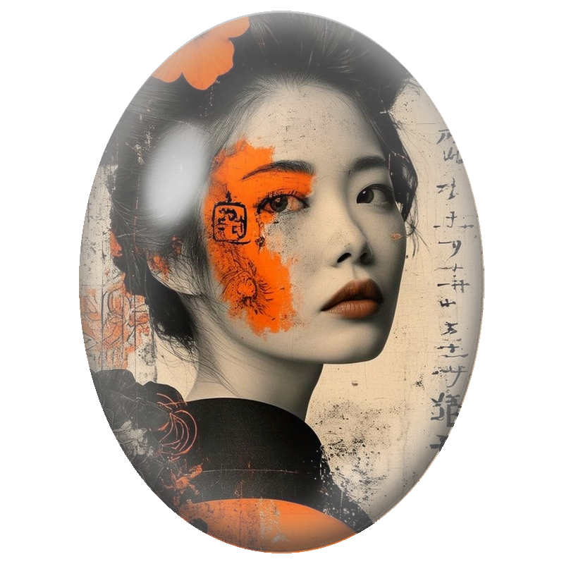 Cabochon en Verre Illustré Femme Asiatique à la Fleur Orange 13x18, 18x25 ou 30x40mm