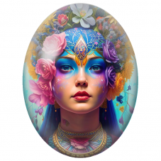 Cabochon en Verre Illustré Femme au Masque Bleu et Couronne Fleurie pour la Création de Bijoux Fantaisie - DIY