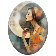 Cabochon en Verre Illustré Femme Orange devant le Croissant de Lune pour la Création de Bijoux Fantaisie - DIY