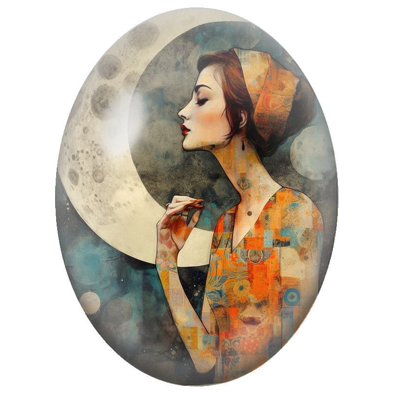 Cabochon en Verre Illustré Femme Orange devant le Croissant de Lune 13x18, 18x25 ou 30x40mm