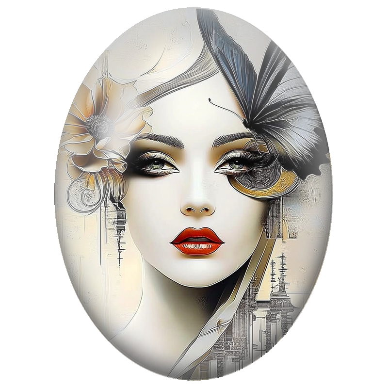 Cabochon en Verre Illustré Visage Féminin à la Fleur Dorée et Papillon Noir 13x18, 18x25 ou 30x40mm