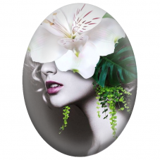 Cabochon en Verre Illustré Visage Féminin au Lys Blanc et Feuillage Vert pour la Création de Bijoux Fantaisie - DIY