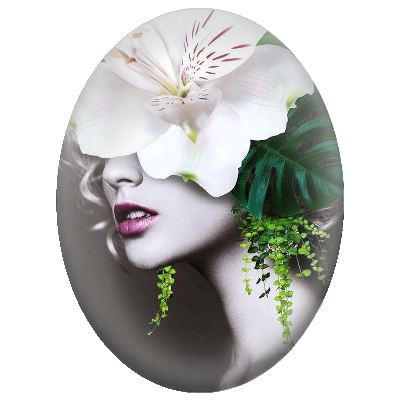 Cabochon en Verre Illustré Visage Féminin au Lys Blanc et Feuillage Vert 13x18, 18x25 ou 30x40mm