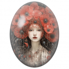 Cabochon en Verre Illustré Jeune Femme à la Couronne de Coquelicots Rouges pour la Création de Bijoux Fantaisie - DIY