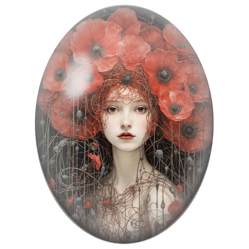 Cabochon en Verre Illustré Jeune Femme à la Couronne de Coquelicots Rouges 13x18, 18x25 ou 30x40mm