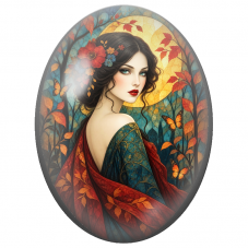 Cabochon en Verre Illustré Femme à la Couronne Fleurie dans la Forêt pour la Création de Bijoux Fantaisie - DIY