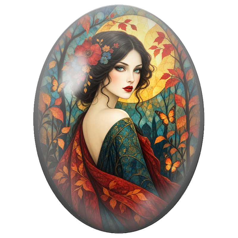 Cabochon en Verre Illustré Femme à la Couronne Fleurie dans la Forêt 13x18, 18x25 ou 30x40mm