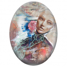 Cabochon en Verre Illustré Deux Visages aux Roses et Oiseaux Graphiques pour la Création de Bijoux Fantaisie - DIY