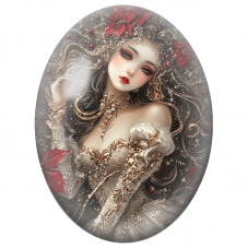 Cabochon en Verre Illustré Reine d’Hiver aux Fleurs Rouges pour la Création de Bijoux Fantaisie - DIY