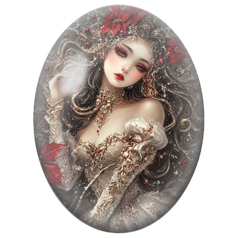 Cabochon en Verre Illustré Reine d’Hiver aux Fleurs Rouges 13x18, 18x25 ou 30x40mm