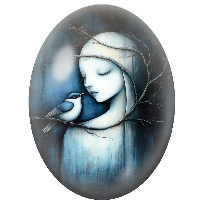 Cabochon en Verre Illustré Femme Blanche avec Oiseau sur une Branche 13x18, 18x25 ou 30x40mm