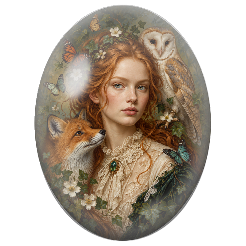 Cabochon en Verre Illustré Femme aux Perroquets Singe et Papillons 13x18, 18x25 ou 30x40mm