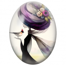 Cabochon en Verre Illustré Femme au Chapeau Violet et Petit Oiseau pour la Création de Bijoux Fantaisie - DIY