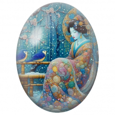 Cabochon en Verre Illustré Femme Japonaise sous les Fleurs Enneigées pour la Création de Bijoux Fantaisie - DIY