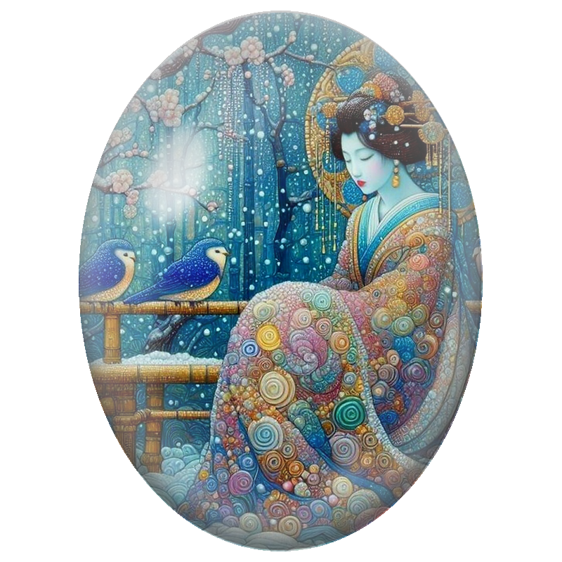 Cabochon en Verre Illustré Femme Japonaise sous les Fleurs Enneigées 13x18, 18x25 ou 30x40mm