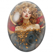 Cabochon en Verre Illustré Femme Blonde aux Cercles d’Or Art Nouveau pour la Création de Bijoux Fantaisie - DIY