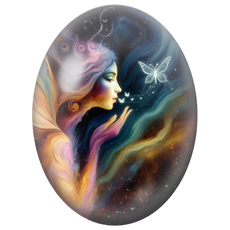 Cabochon en Verre Illustré Fée Cosmique Soufflant des Papillons de Lumière 13x18, 18x25 ou 30x40mm
