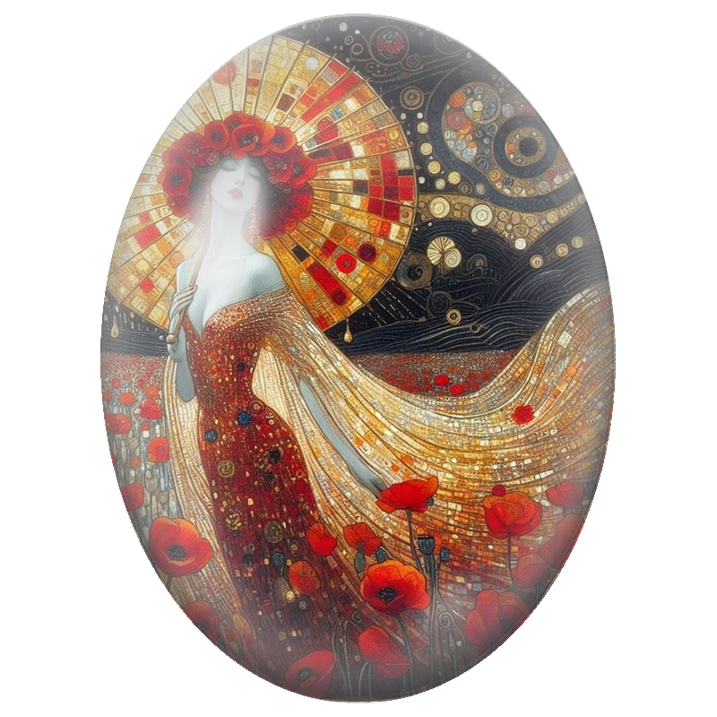 Cabochon en Verre Illustré Femme à l’Ombrelle dans un Champ de Coquelicots 13x18, 18x25 ou 30x40mm