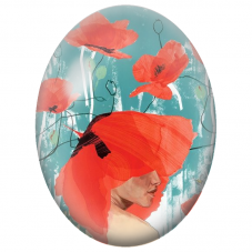 Cabochon en Verre Illustré Femme au Grand Chapeau Coquelicot pour la Création de Bijoux Fantaisie - DIY