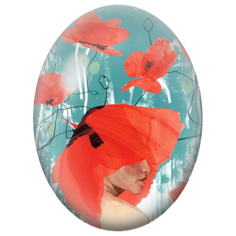 Cabochon en Verre Illustré Femme au Grand Chapeau Coquelicot 13x18, 18x25 ou 30x40mm