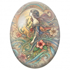 Cabochon en Verre Illustré Femme Art Nouveau aux Fleurs et Oiseaux Bleus pour la Création de Bijoux Fantaisie - DIY