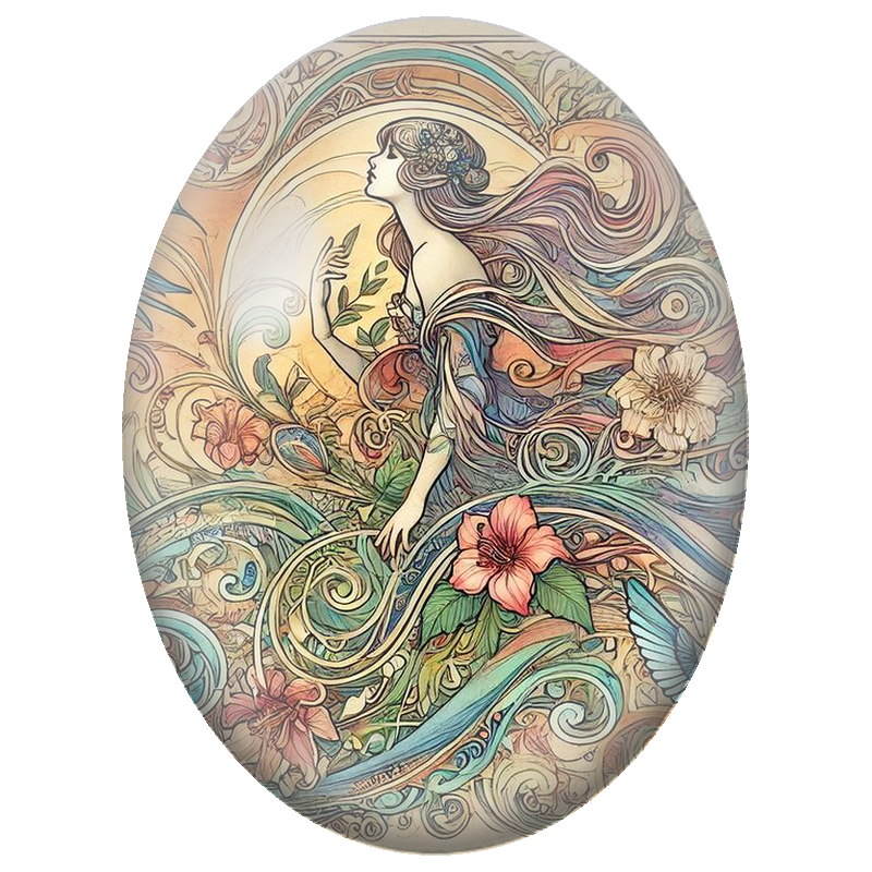 Cabochon en Verre Illustré Femme Art Nouveau aux Fleurs et Oiseaux Bleus 13x18, 18x25 ou 30x40mm