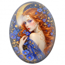 Cabochon en Verre Illustré Femme Rousse aux Fleurs Bleues pour la Création de Bijoux Fantaisie - DIY