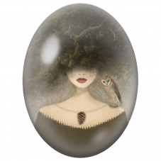 Cabochon en Verre Illustré Femme Forêt avec Chouette Effraie pour la Création de Bijoux Fantaisie - DIY