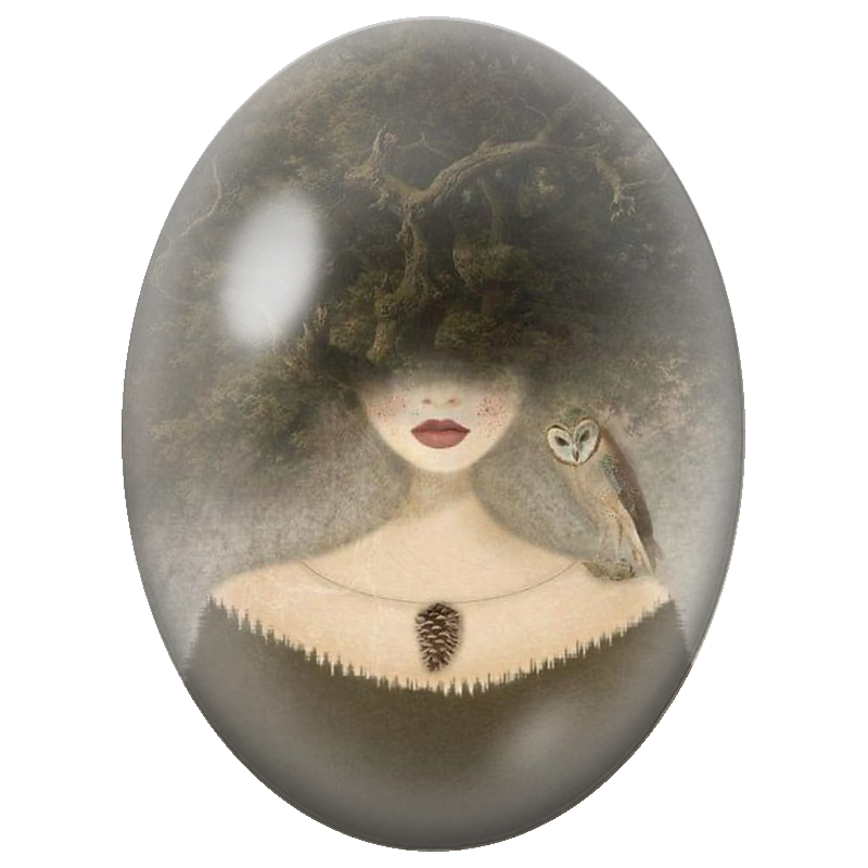 Cabochon en Verre Illustré Femme Forêt avec Chouette Effraie 13x18, 18x25 ou 30x40mm