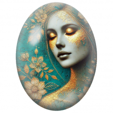 Cabochon en Verre Illustré Visage Féminin aux Fleurs Dorées sur Fond Turquoise pour la Création de Bijoux Fantaisie - DIY