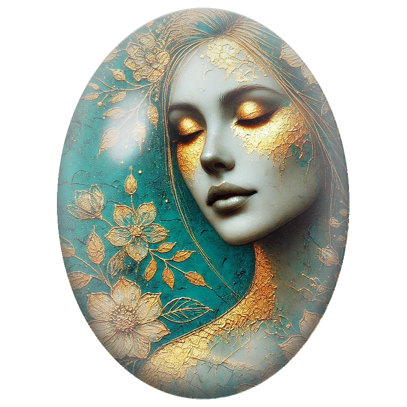 Cabochon en Verre Illustré Visage Féminin aux Fleurs Dorées sur Fond Turquoise 13x18, 18x25 ou 30x40mm
