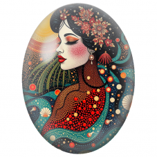 Cabochon en Verre Illustré Femme Asiatique au Soleil Orange pour la Création de Bijoux Fantaisie - DIY