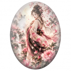 Cabochon en Verre Illustré Femme Asiatique Aquarelle aux Oiseaux et Roses pour la Création de Bijoux Fantaisie - DIY