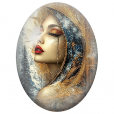 Cabochon en Verre Illustré Femme d’Hiver au Voile Bleu et Or pour la Création de Bijoux Fantaisie - DIY