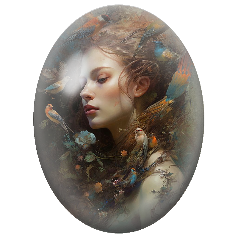 Cabochon en Verre Illustré Femme aux Oiseaux dans les Cheveux 13x18, 18x25 ou 30x40mm