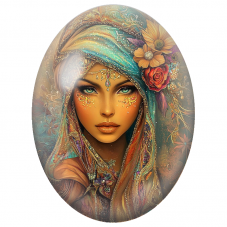Cabochon en Verre Illustré Femme Orientale au Turban Turquoise Fleuri pour la Création de Bijoux Fantaisie - DIY