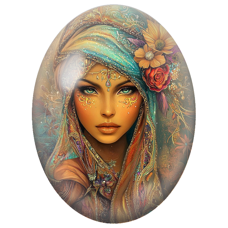 Cabochon en Verre Illustré Femme Orientale au Turban Turquoise Fleuri 13x18, 18x25 ou 30x40mm