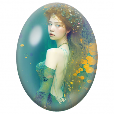 Cabochon en Verre Illustré Femme Rousse aux Fleurs Jaunes sur Fond Turquoise pour la Création de Bijoux Fantaisie - DIY