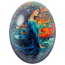 Cabochon en Verre Illustré Femme aux Vagues Cosmiques Bleues et Orange pour la Création de Bijoux Fantaisie - DIY