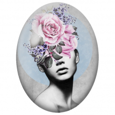 Cabochon en Verre Illustré Visage Féminin aux Roses Roses et Fleurs Violettes pour la Création de Bijoux Fantaisie - DIY