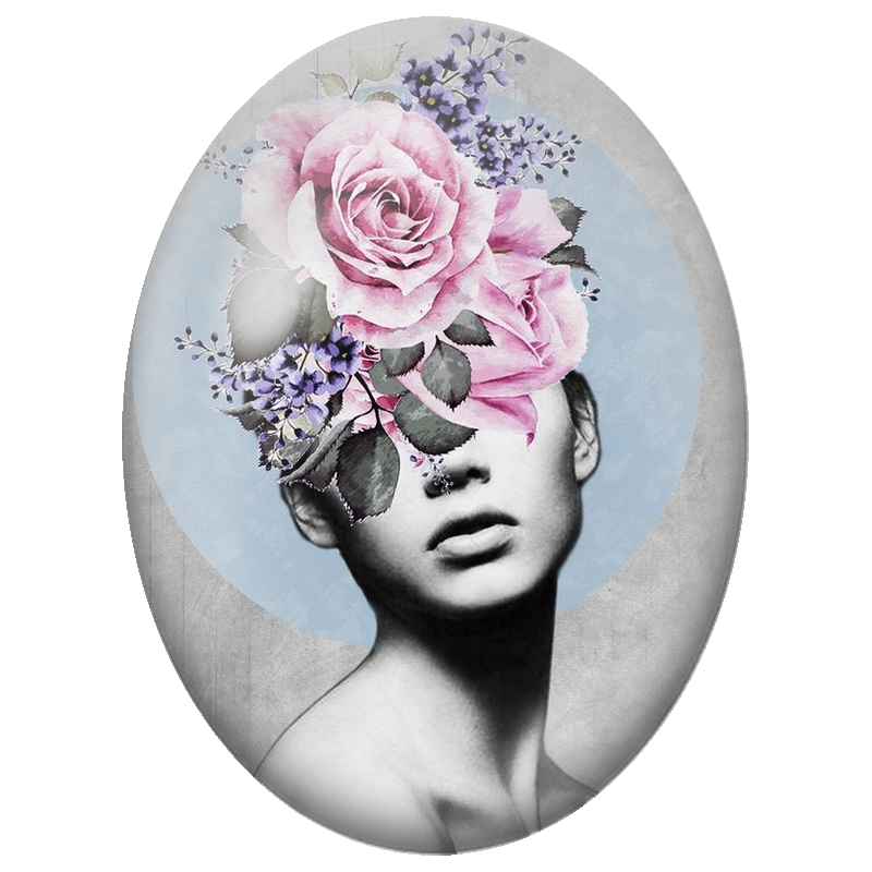 Cabochon en Verre Illustré Visage Féminin aux Roses Roses et Fleurs Violettes 13x18, 18x25 ou 30x40mm