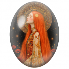 Cabochon en Verre Illustré Femme Rousse aux Coquelicots et Halo Doré pour la Création de Bijoux Fantaisie - DIY