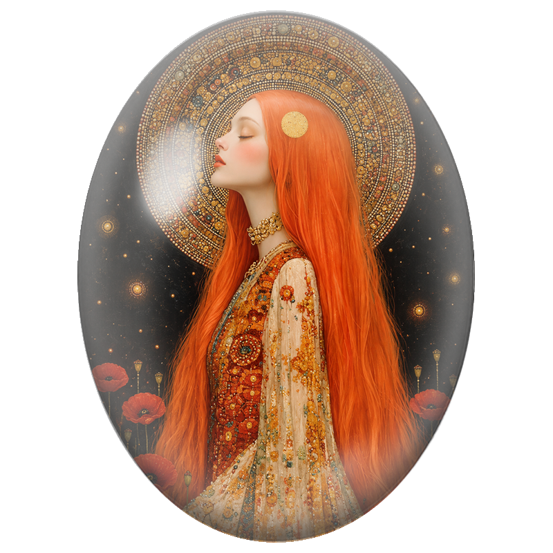 Cabochon en Verre Illustré Femme Rousse aux Coquelicots et Halo Doré 13x18, 18x25 ou 30x40mm