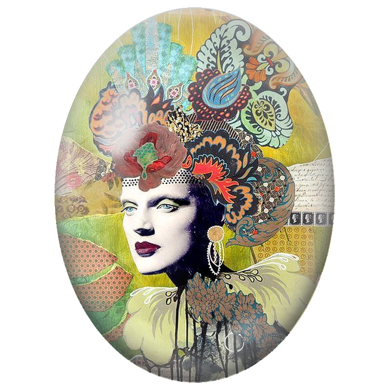 Cabochon en Verre Illustré Femme au Diadème de Fleurs Graphiques 13x18, 18x25 ou 30x40mm