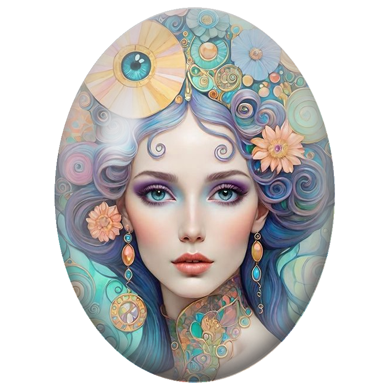Cabochon en Verre Illustré Femme aux Spirales Turquoise et Œil Solaire 13x18, 18x25 ou 30x40mm