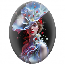 Cabochon en Verre Illustré Femme aux Fleurs Bleues et Boutons Rouges pour la Création de Bijoux Fantaisie - DIY