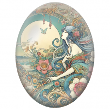 Cabochon en Verre Illustré Femme aux Cheveux Bleus dans un Jardin Art Nouveau pour la Création de Bijoux Fantaisie - DIY